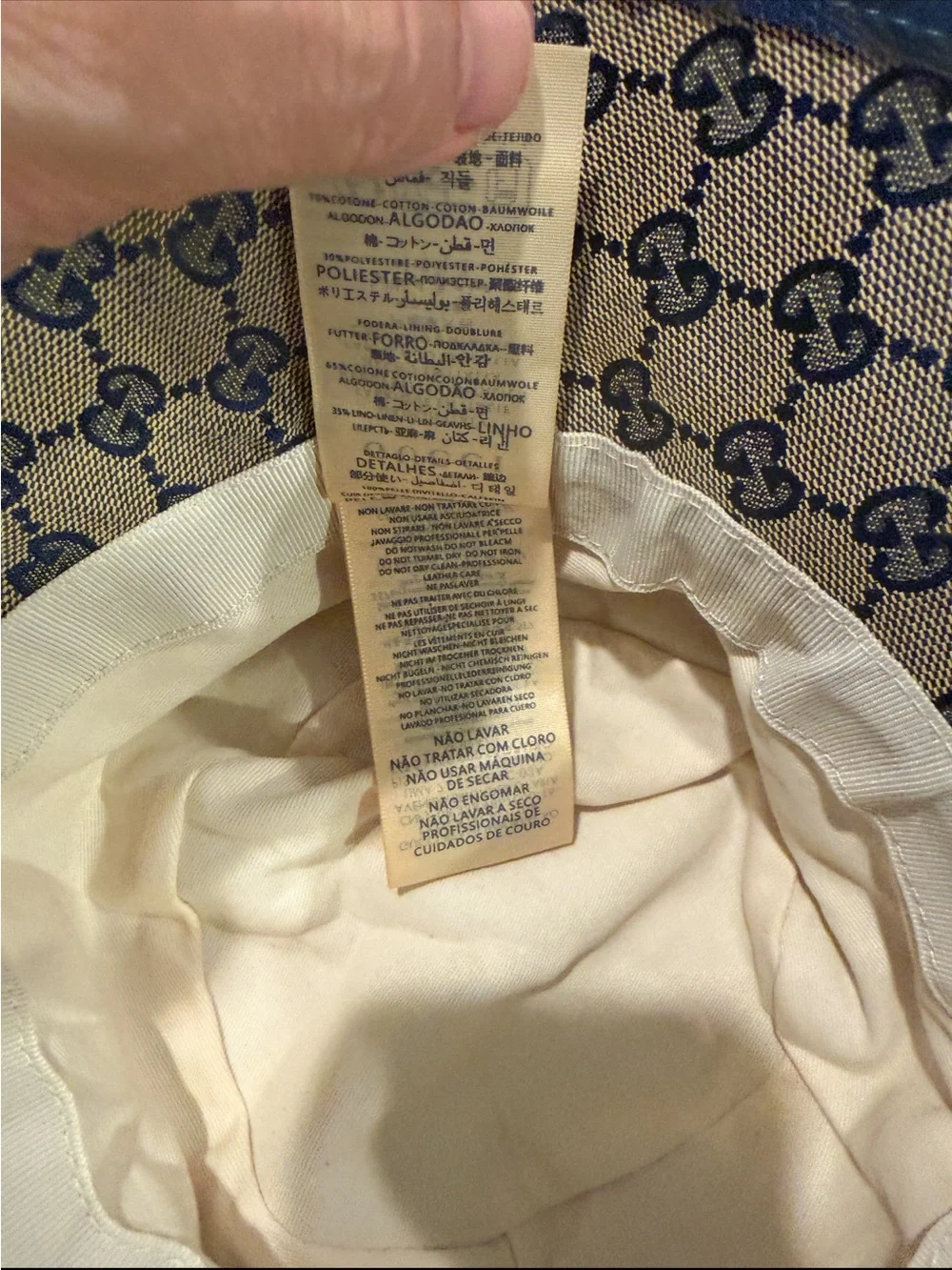 Gucci Beige and Navy GG Monogram Bucket Hat with Gold Double-G